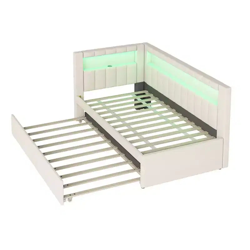 Daybed in Twin-/Full-Größe mit Ausziehbett und L-förmigem Bücherregal-Kopfteil, weiches Eckbett mit Leinenpolsterung, Ablagefächern und LED-Band