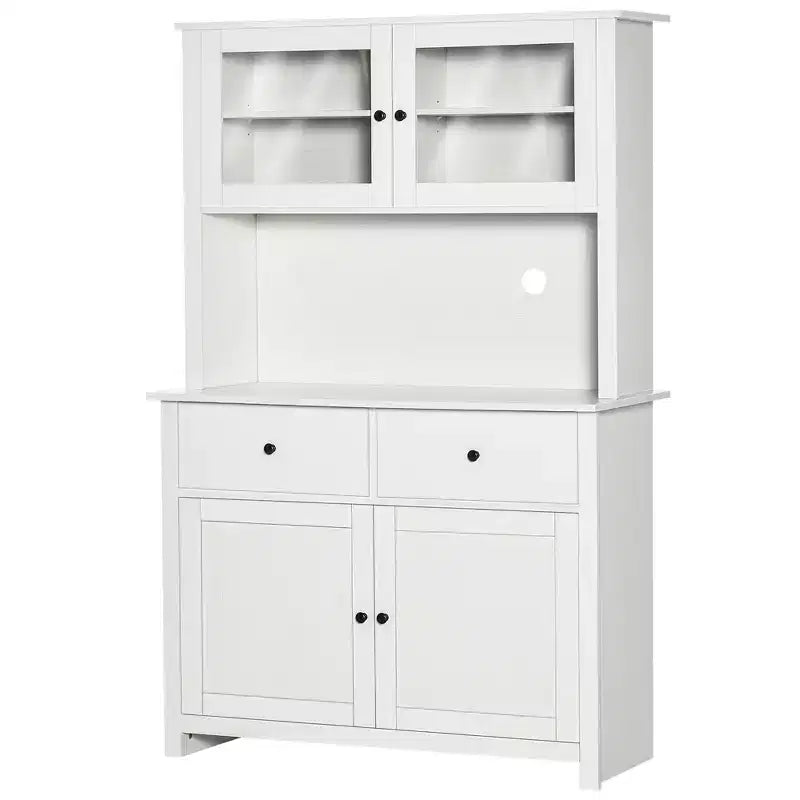 HOMCOM 63.5 Kitchen Buffet with Hutch, Pantry Storage Cabinet with 4 Shelves, Drawers, Framed Glass Doors, Open Microwave Countertop