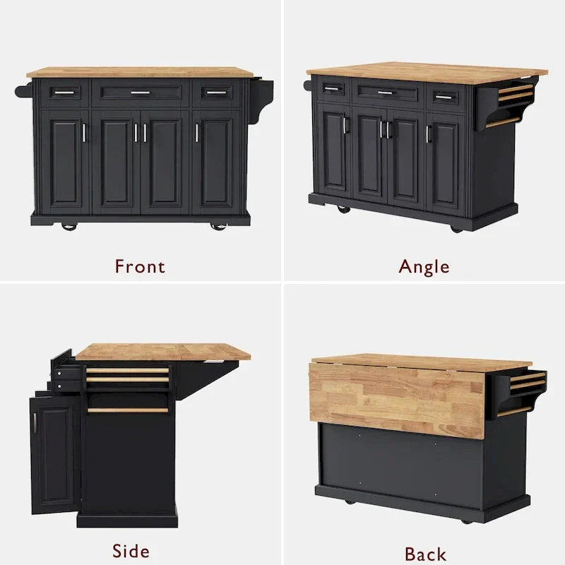 54  Large Kitchen Island with Rubber Wood Drop Leaf, Embossed Texture Rolling Kitchen Cart on 4 Wheels with 4 Doors & 3 Drawers