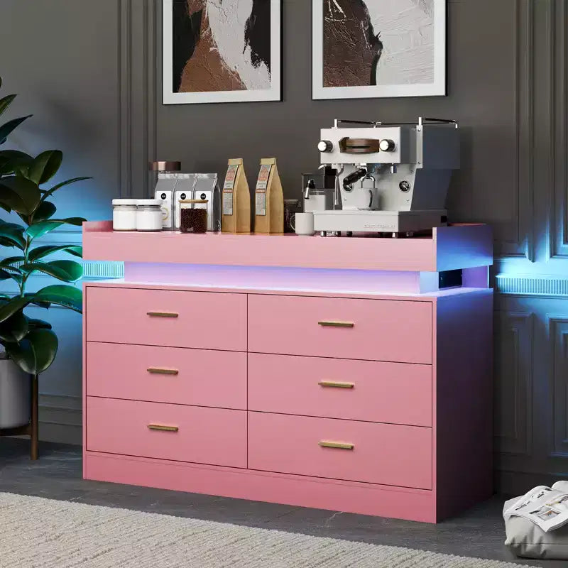 Meuble TV moderne avec 6 tiroirs et éclairage LED, comptoir flottant faisant office de bar à café pour centre de divertissement du salon