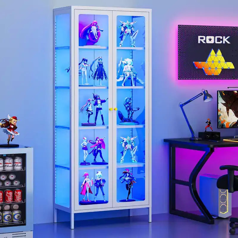 Bekrvio 67 inch hoge vitrinekast met glas aan 3 zijden en ledverlichting, 5 opberglagen met dubbele deuren en metalen frame voor verzamelobjecten, ideaal voor kleine ruimtes