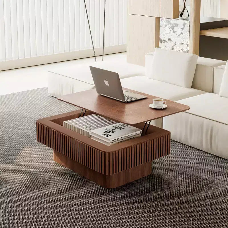 JVNOXK 38,6'' gecanneleerde salontafel met liftblad en opbergruimte, moderne accenttafel van massief houtfineer met verstelbare hoogte voor woonkamer en slaapkamer, walnootkleur