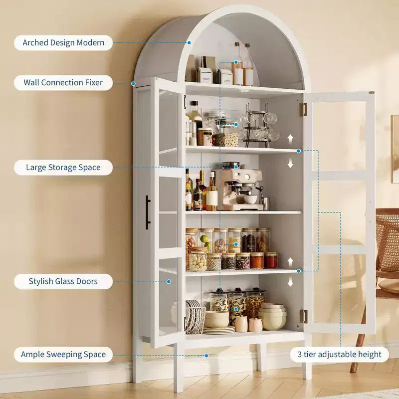 Storage Cabinet, Black/White, Arched Style, Single, 71 Tall with LED Lights & Glass Doors