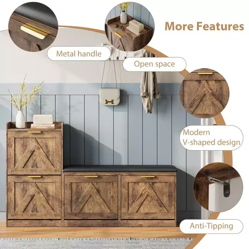 Farmhouse Shoe Cabinet with Bench, 4 Flip Drawers Entryway Shoe Storage Organizer with Comfort Cushioned Seat, Freestanding Shoe Rack Bench