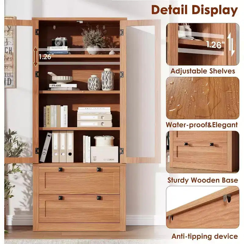 Farmhouse Kitchen Pantry Cabinet with Glass Doors, 72in Storage Cupboard with Drawers and Adjustable Shelves for Dining Room Bathroom Living Room