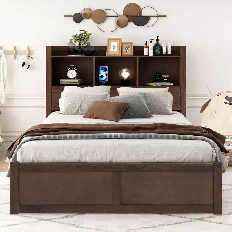 Eenpersoons platformbed met opbergruimte, uitschuifbed, boekenkasthoofdbord en oplaadstation, houten bedframe met planken en laden