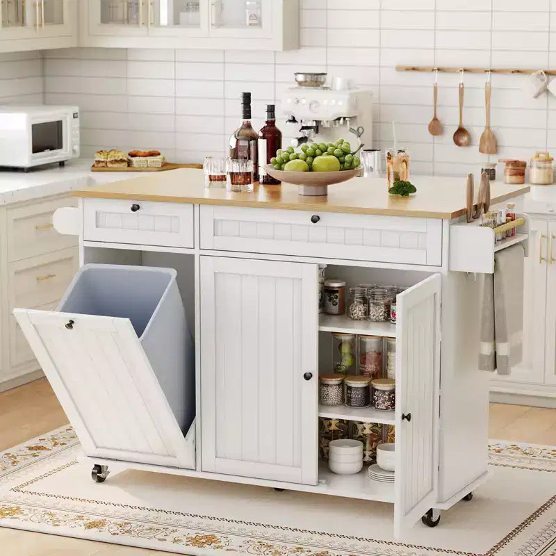 Îlot mobile de 55 pouces avec prise électrique et rallonge rabattable, desserte-îlot de cuisine roulante avec placard de rangement pour déchets