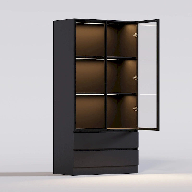 Vitrine de rangement, vitrine avec portes en verre trempé, présentoir avec 4 étagères de rangement