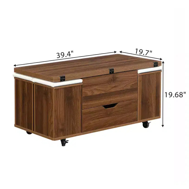 Table basse moderne multifonctionnelle relevable avec rangement dissimulé, 4 tabourets et roulettes, idéale pour les espaces de vie modernes