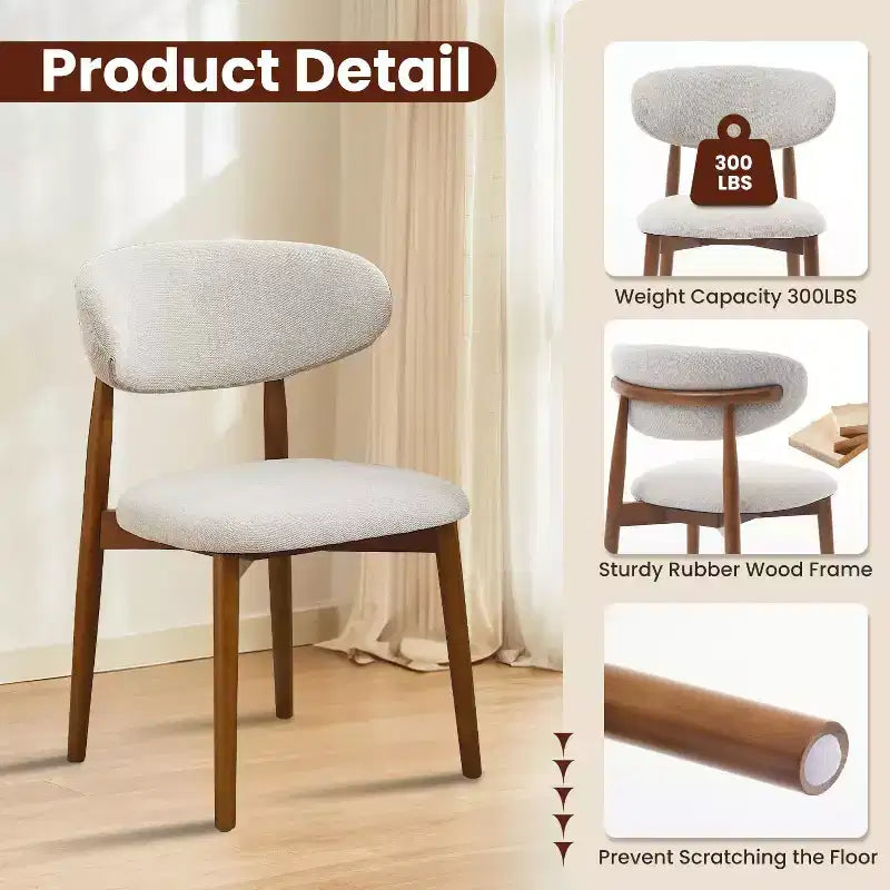 Set van 4 eetkamerstoelen, modern gestoffeerd ontwerp uit het midden van de eeuw, landelijke keukenstoelen met gewatteerde stoffen zitting en houten poten, beige