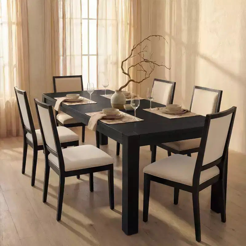 Modern Dining Set - 80 Table + 6 Cushioned Chairs, Solid Wood Frame, 400lbs Table Capacity, Easy Assembly
