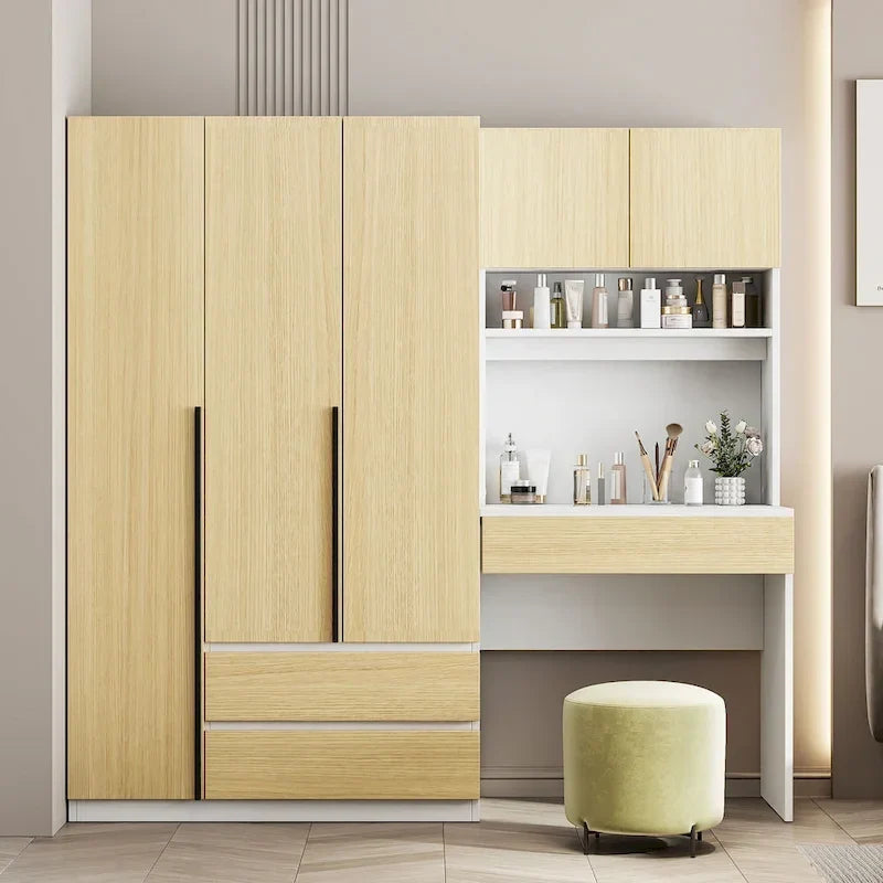 3-in-1 Wardrobe Closet with Vanity Desk, Desk Set, Bedroom Armoire with 2 Drawers 3-Door Storage Desk Wardrobe