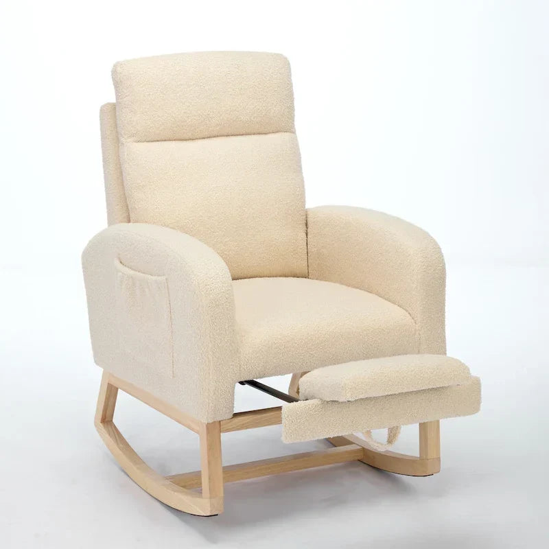 Moderne gestoffeerde schommelstoel met hoge rugleuning van 75 cm, poten van massief hout en verstelbare voetensteun