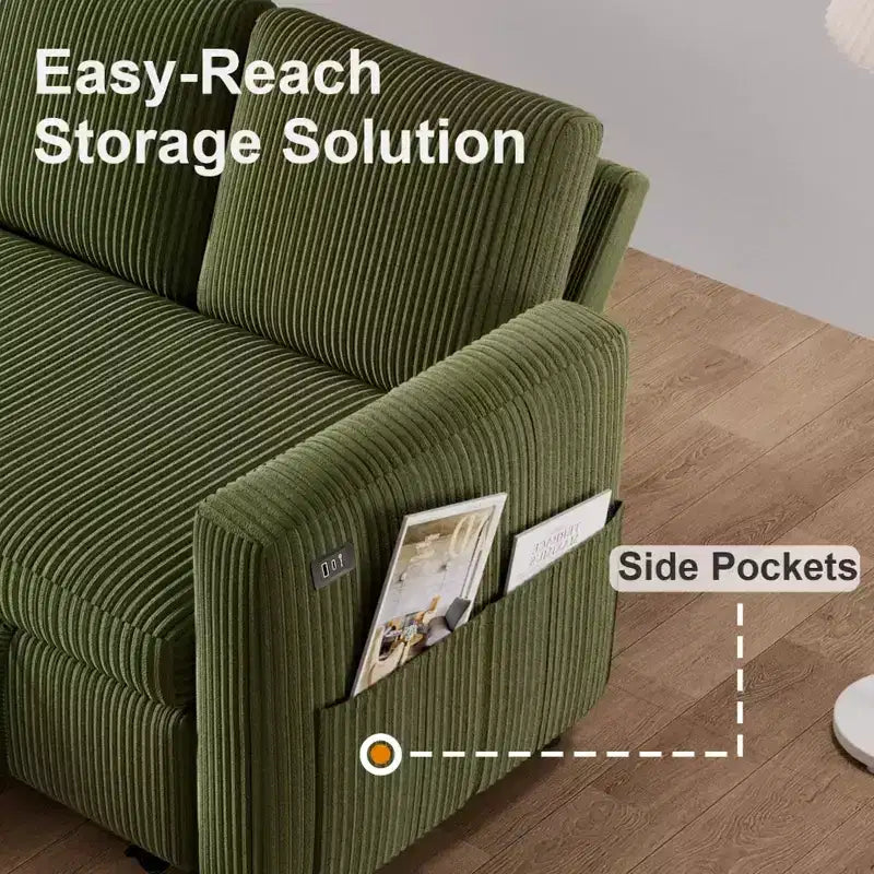 Dyonery 2-in-1-Schlafsofa zum Ausziehen mit Stauraum und Récamiere, Cord-Ecksofa mit USB-Anschlüssen für das Wohnzimmer