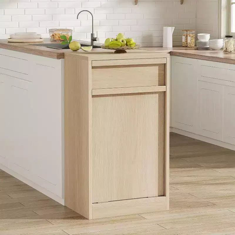 Tiltable Trash Can, Natural Oak, Trash Can with Storage and Drawer, Hidden Trash Cabinet, Laundry Basket for Kitchen, Dining Room, Living Room