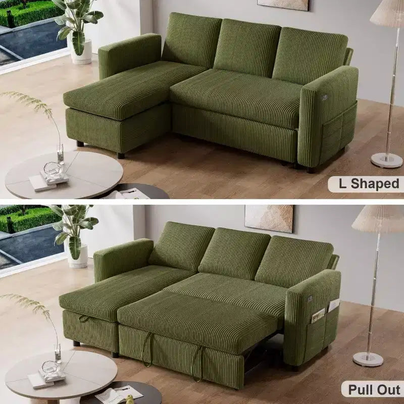 Dyonery 2-in-1-Schlafsofa zum Ausziehen mit Stauraum und Récamiere, Cord-Ecksofa mit USB-Anschlüssen für das Wohnzimmer