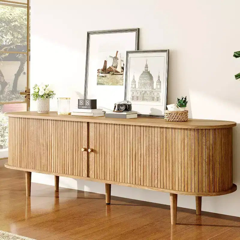 AMERLIFE tv-meubel voor 70-inch tv met poten van massief hout, moderne tv-console in mid-century-stijl met tambourdeur