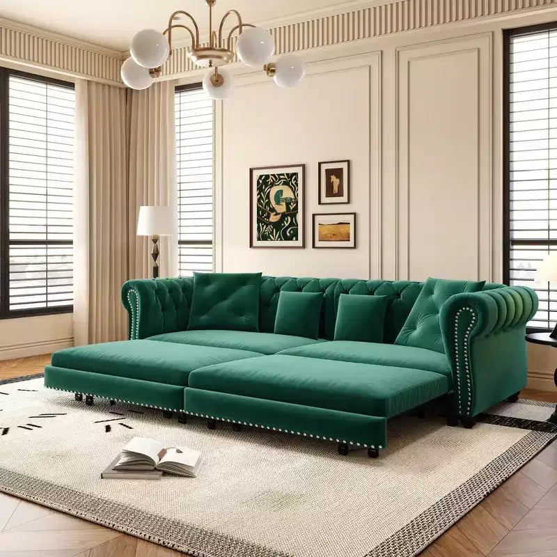 Whisen Samt-Schlafsofa in King-Size mit Ausziehfunktion und 3-in-1-Funktion, wandelbares Schlafsofa mit beweglichem Hocker und Steppdesign
