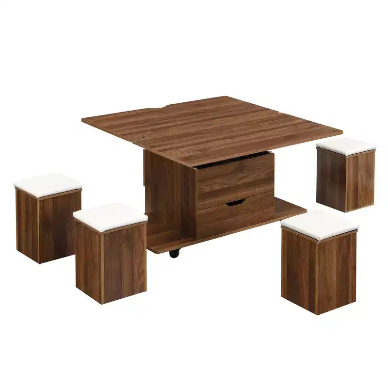 Table basse moderne multifonctionnelle relevable avec rangement dissimulé, 4 tabourets et roulettes, idéale pour les espaces de vie modernes