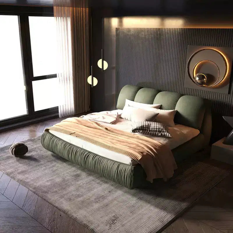 MAYEERTY luxuriöses Polsterbett in Queensize mit übergroßem gepolstertem Kopfteil und Massivholzrahmen, Grün