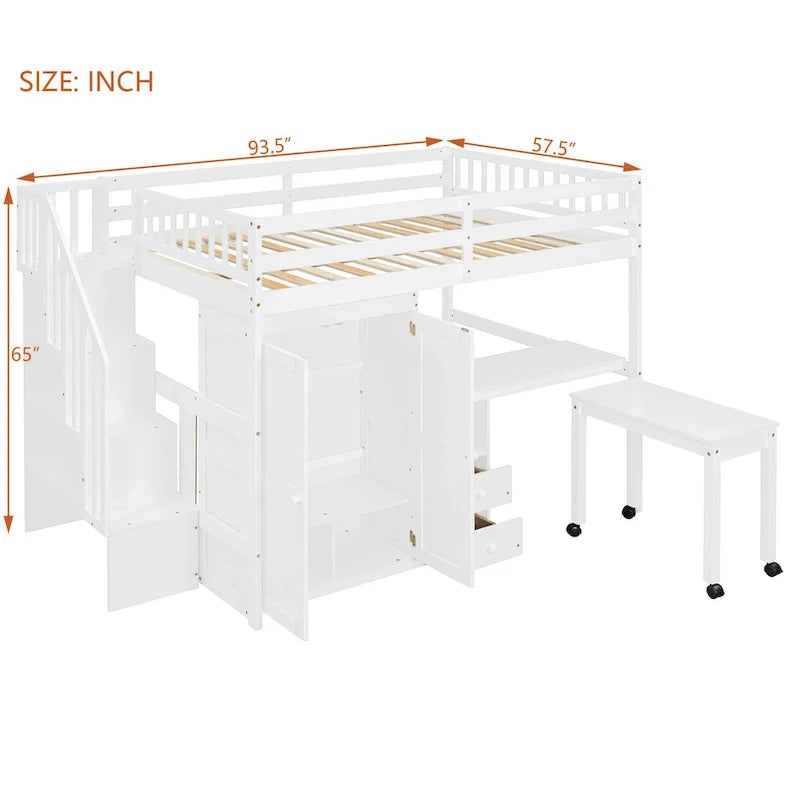 Hochbett in Full-Size mit Treppe, Bücherregal, Schreibtisch und Kleiderschrank – platzsparendes Multifunktionsmöbel für Kinder und Jugendliche – Weiß