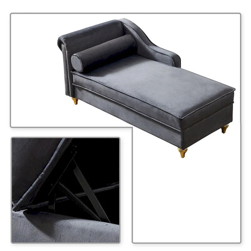 French Elegant Velvet Upholstered Storage Chaise Lounge Chair with a Pillow