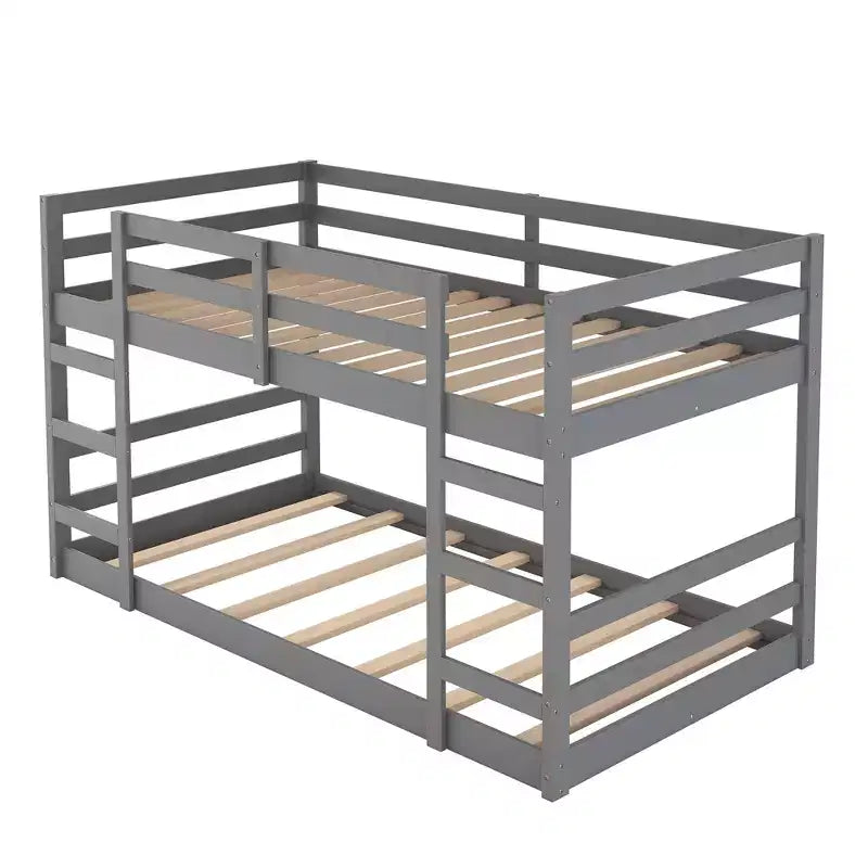 Low Bunk Bed , Wooden Floor Bunk Bed with Ladder, Bunk Bed with Full Guardrails