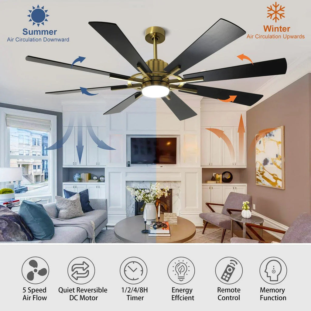 Ventilatore da soffitto con telecomando e luci, grande, con 8 pale in legno