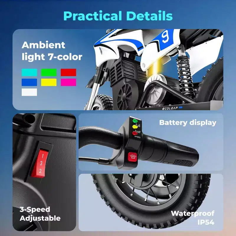 ECOLEAP K1 elektromos terepmotor gyerekeknek, 36 V, 16 MPH végsebesség, 14 mérföldes hatótáv, 700 W csúcsteljesítményű motor, 3 sebességfokozat, 12 terepgumi, UL, 3–10 éves korig