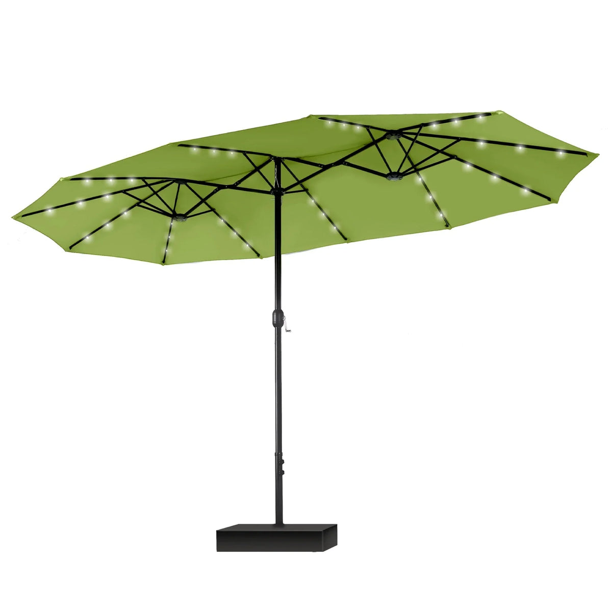 MAISON ARTS rechthoekige dubbelzijdige buitenparasol van 4,57 meter met slinger, zonnelampen en meegeleverde voet