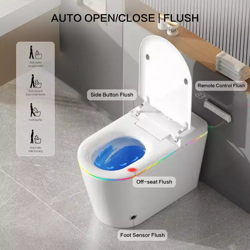 Dyonery Smart Toilet, Tankless One-Piece with Foam Shield, Auto Open/Close Lid, Heated Bidet & Dryer, LED Night Light, Auto Flush