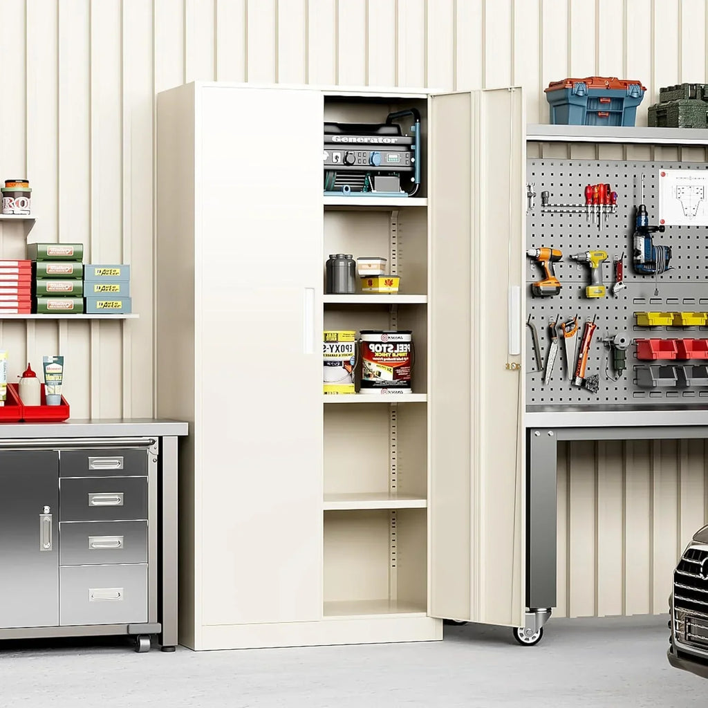 Garage-opbergkast van 71 inch met planken, voorraadkast en locker voor keuken, kantoor, garage, huis en voorraadkast, met verstelbare planken