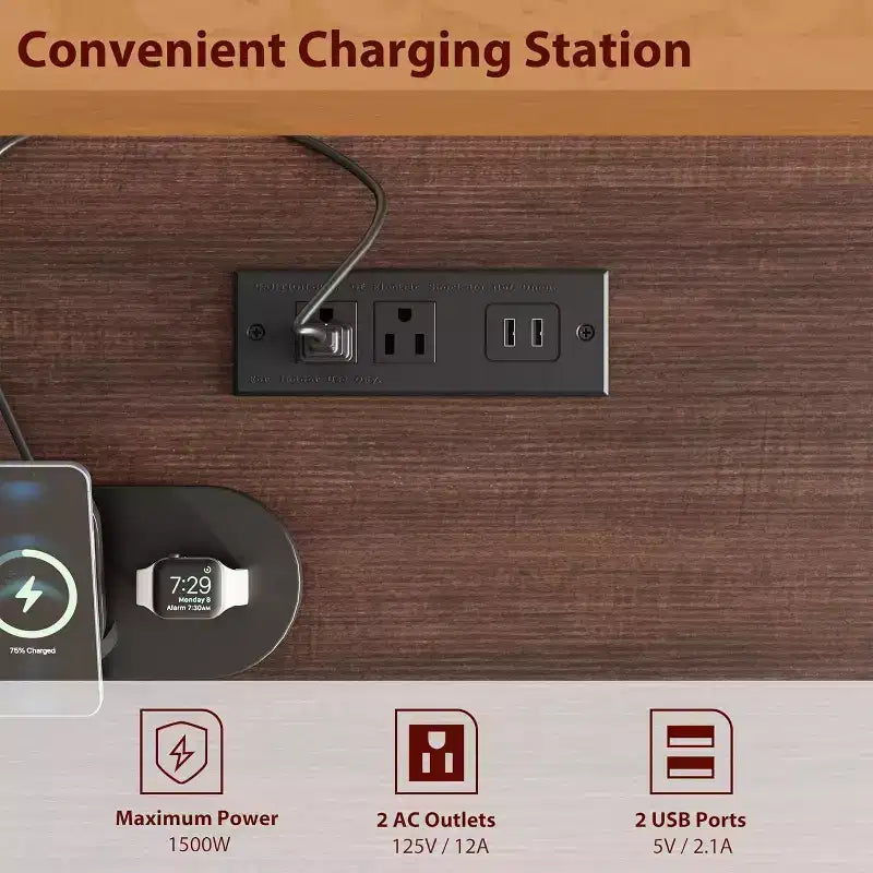 Bureau de direction de 60 po avec tiroirs, bureau à domicile avec station de recharge, bureau d’ordinateur et d’écriture en bois pour étude, table de conférence pour salon