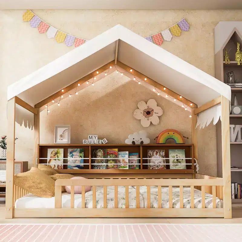 Whisen Full Size Wooden Floor Bed Frame, House-Shaped Daybed with Fense, 3 Storage Bookshelves, Curtain