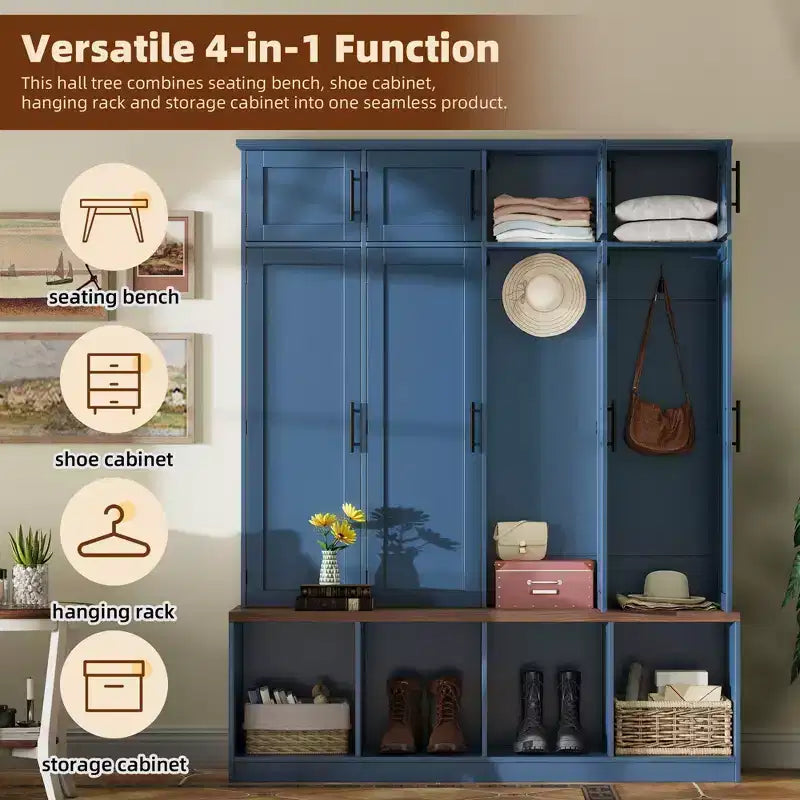 The Misty Moon Farmhouse Blue Hall Tree with 4 Hidden Hanging Hooks and Versatile Walnut Seating Bench with 8 Doors
