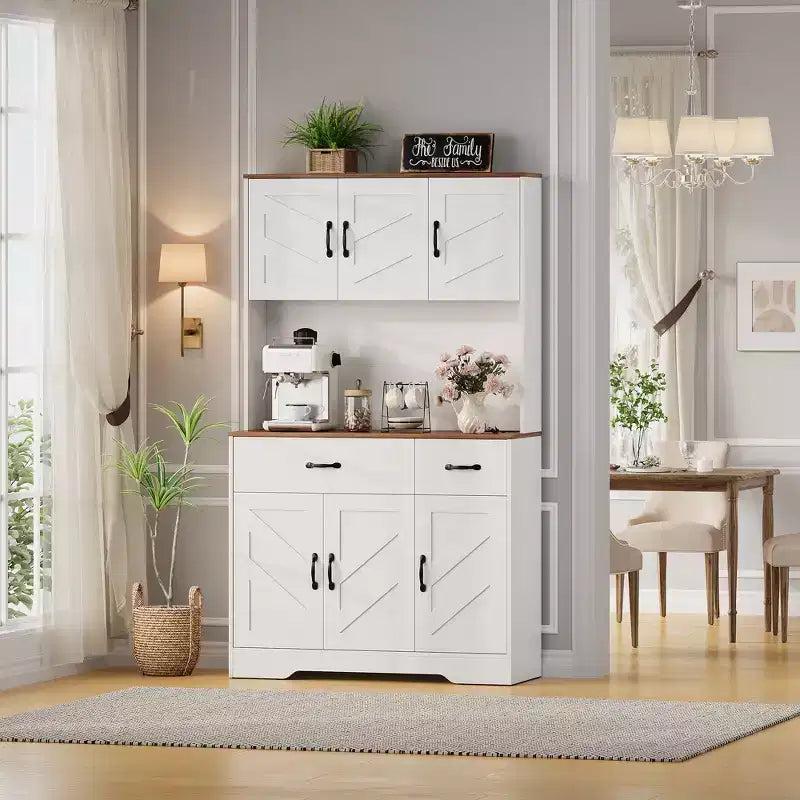 71 Kitchen Pantry Cabinet with Charging Station, Large Countertop, Microwave Stand & 2 Drawers,Hutch Storage for Dining & Living Room