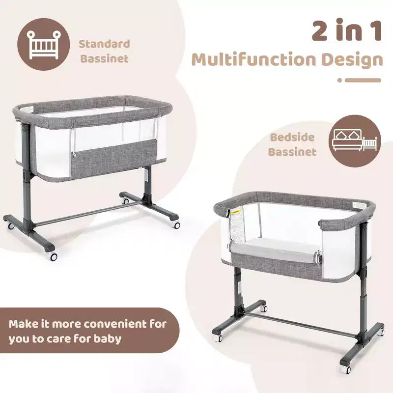 Babywiegje met wielen – beige / grijs / roze, wiegje naast het bed, voor 1 baby