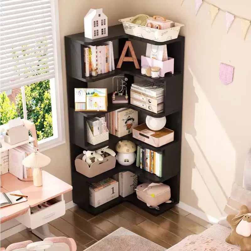 6-tier Corner Bookshelf, Space-saving Display Shelving Unit