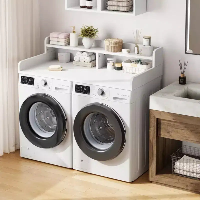 Houten opzetblad voor wasmachine en droger, 54 inch aanrechtblad voor de wasruimte met opbergplank met 2 niveaus, antislip werkoppervlak met opstaande randen voor een georganiseerde wasruimte