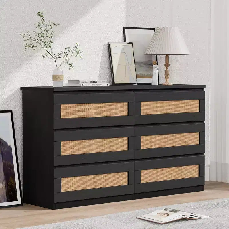 Makuuhuoneen rottinkinen lipasto, 6 laatikkoa, 119 cm leveä moderni maalaistyylinen lipasto, puinen säilytyskaappi vaatekaappiin, olohuoneeseen tai eteiseen