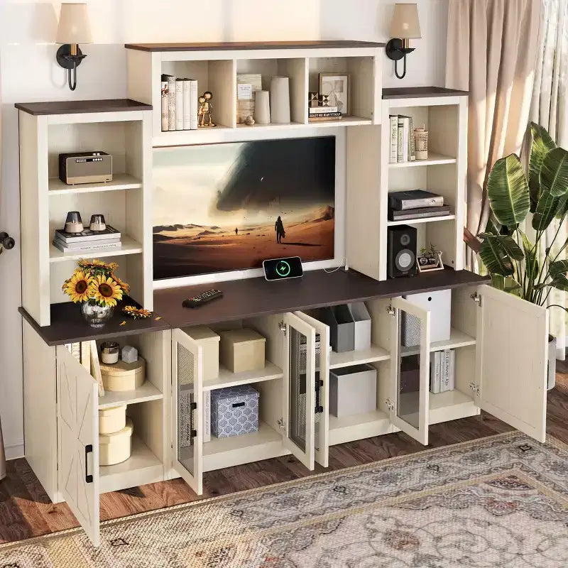 Modern TV-szekrény 55 hüvelykes TV-hez töltőállomással, nagy tárolószekrényekkel ellátott médiakonzol, nappaliba való szórakoztatóközpont-Panipeachy