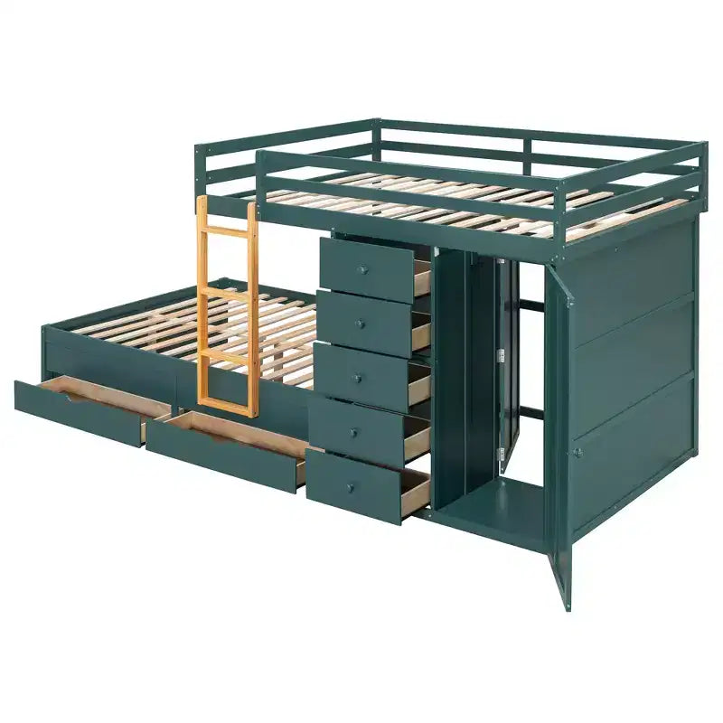 Full over Full Bunk Bed with Storage Wardrobe and Drawers, Full Size Wood Space-Saving Bunk Bed with Guardrail for Apartment, Bedroom