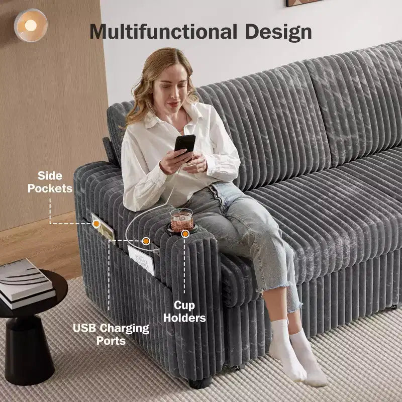 Dyonery 91-delige slaapbank met chaise longue en uitschuifbaar bed, verstelbare rugleuning/twee uitschuifbare bedden/USB-poorten/bekerhouders, zacht corduroy