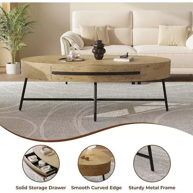 Acekool Oval Coffee Table with Drawer, 47.2 Wooden Storage Table with Cross Metal Legs  Mid-Century Modern Center Table in Natural & Golden Willow