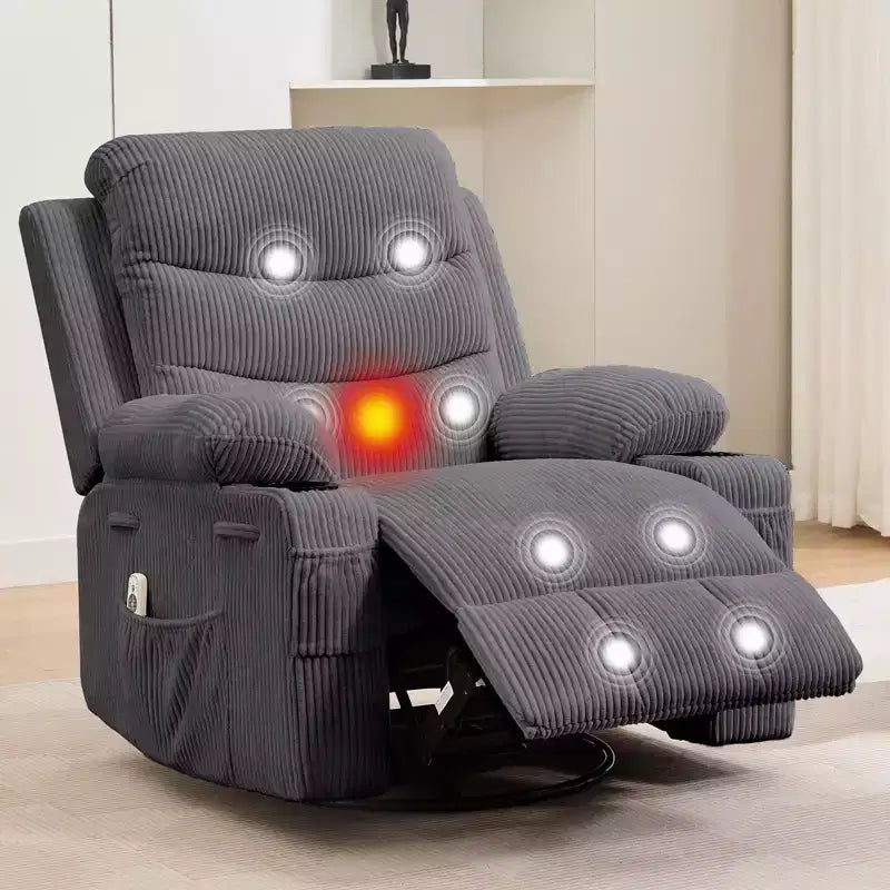 Sillón reclinable mecedor giratorio de 360° extragrande con masaje y calor: silla ergonómica de descanso con portavasos y bolsillos laterales para la sala de estar o el dormitorio infantil