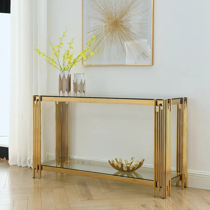 Console étroite à 2 niveaux avec structure en métal finition dorée et plateau en verre trempé