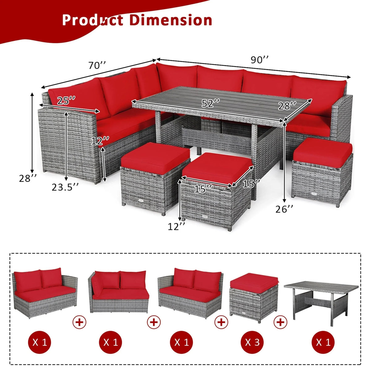 Costway 7-delige eethoek voor de patio van rotan, modulaire bank, fauteuil en voetenbank - Bekijk de details