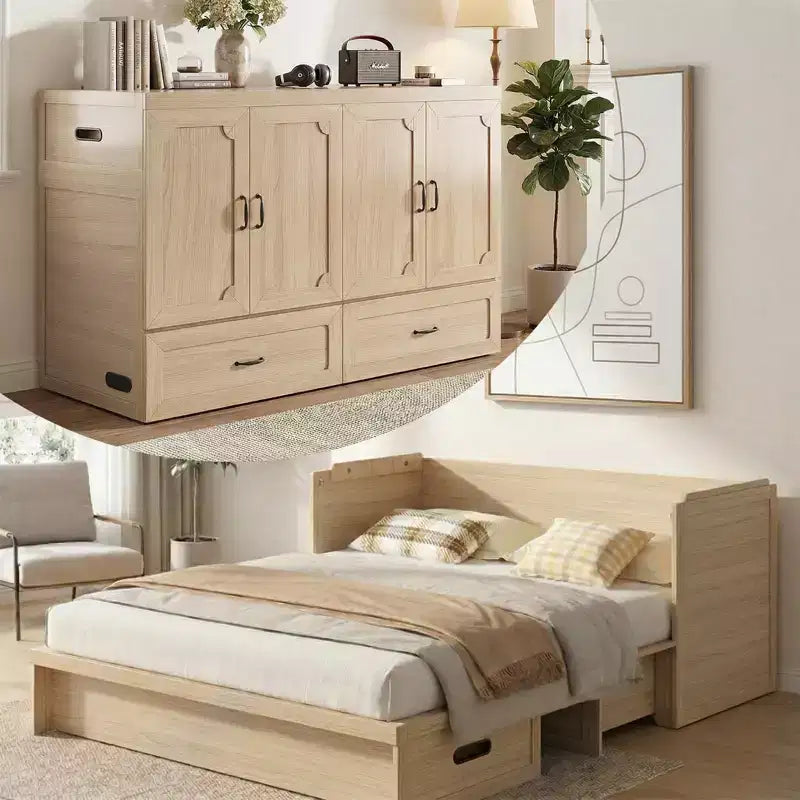 Mjkone Queen Size Convertible Murphy Cabinet Bed with Mattress, USB Charging, Storage Drawers