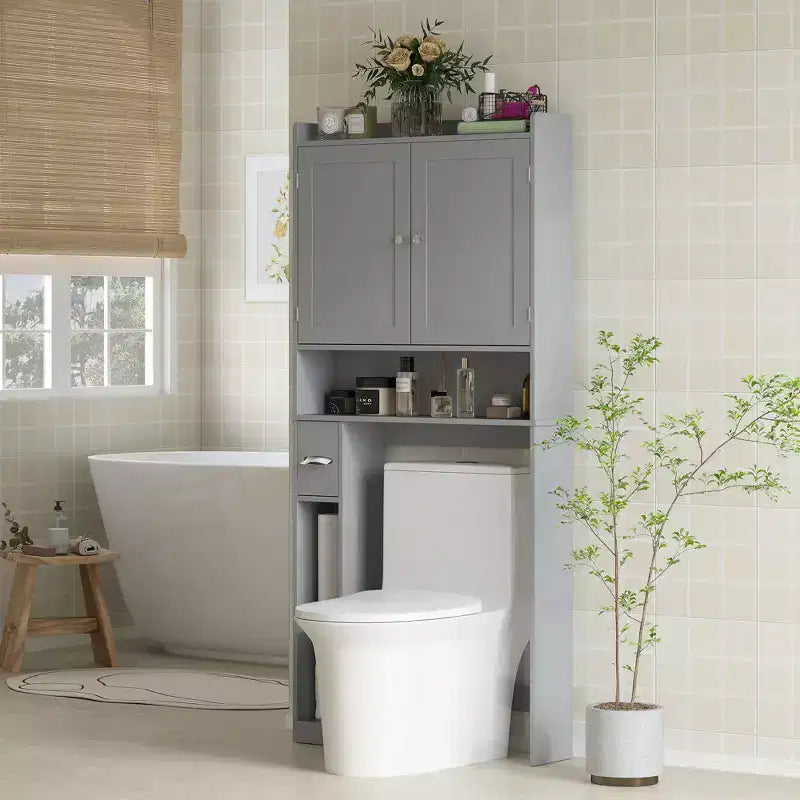HOMCOM Over the Toilet Storage Cabinet, Modern Above Toilet Bathroom Organizer with 2 Doors, Toilet Paper Holder, Freestanding Space Saver