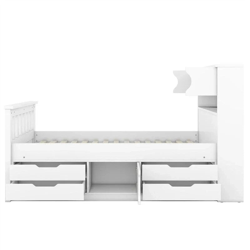 Twin/Full Size Captain Platform Bed with 4 Drawers and Storage Shelves, Solid Wood Bed Frame with Storage Bookcase Headboard